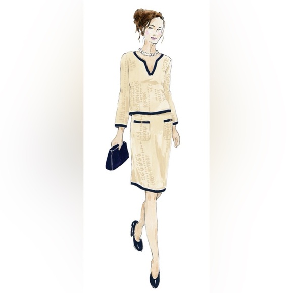 J. Peterman Dresses & Skirts - J. Peterman Vivienne Pointelle Cotton Suit Set Cream Navy Trim Skirt Top XS/S